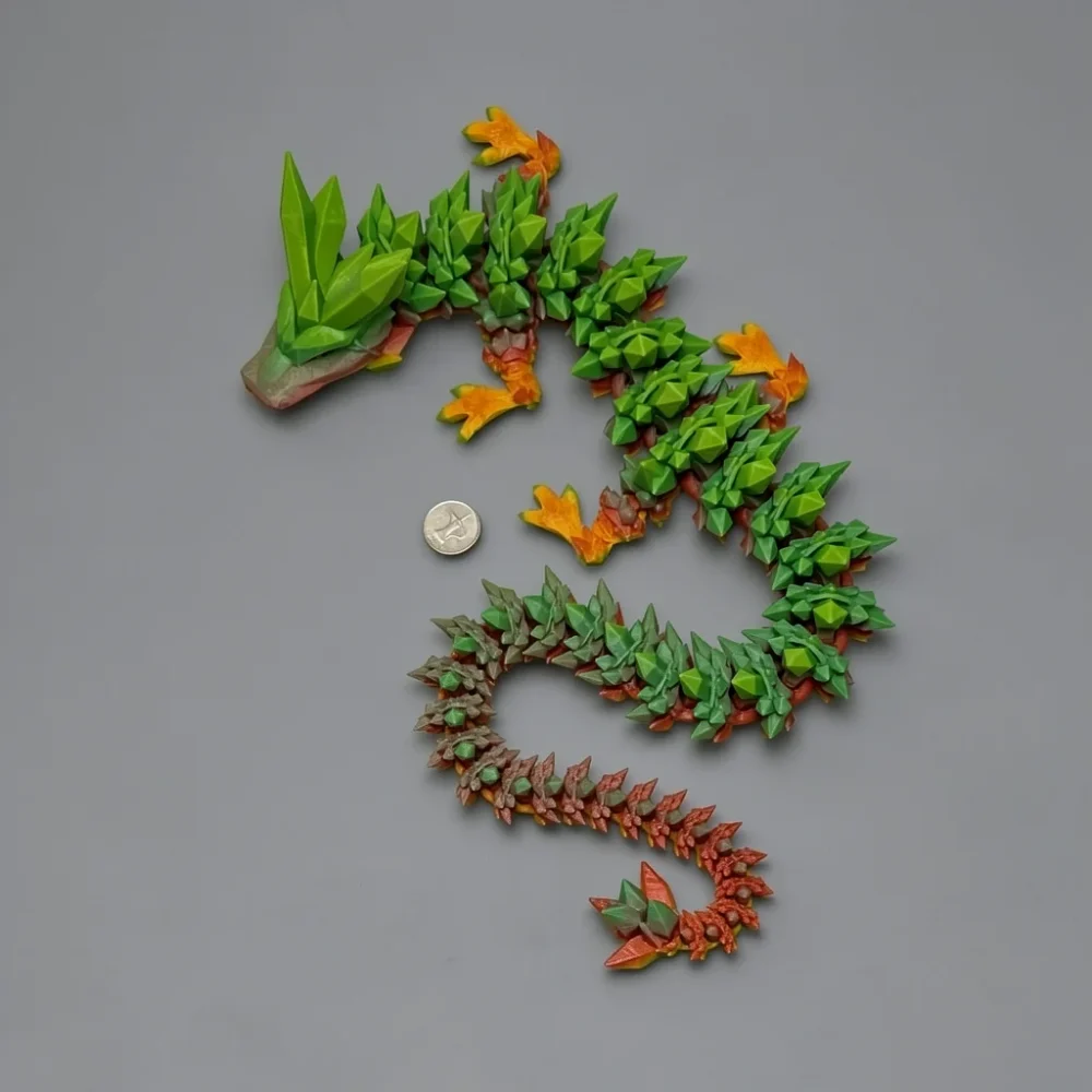 Crystal Dragon Rainbow: green and reddish-brown dragon figurine, low-poly geometric faceted design style