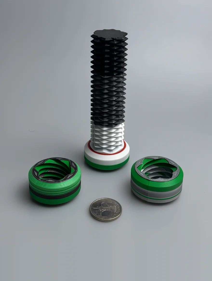 Two Way Screw: green and black mechanical component prototype, accordion-like zig-zag bellows texture on central object