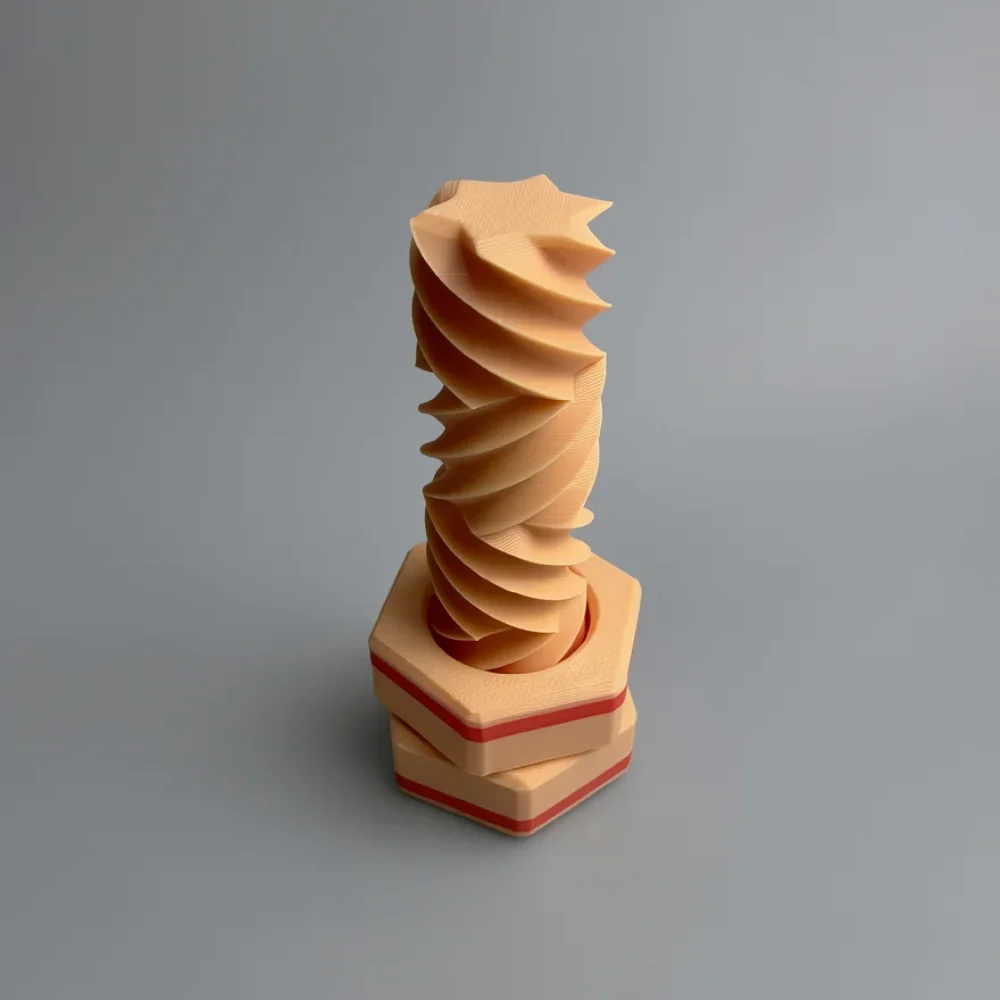 Zigzag Bolt Nut: beige and red twisted helical column on a hexagonal base
