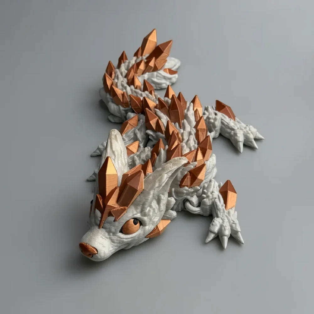 Baby Crystal Wolf Dragon: white and copper dragon figurine, elongated head with amber/orange eye and black pupil