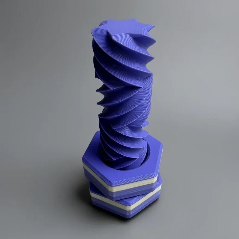 Zigzag Bolt Nut: blue and white abstract geometric sculpture — a spiraling helical column with a hexagonal base