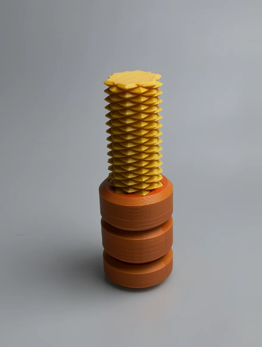 Two Way Screw: yellow and orange 3D printed helical mechanical structure, helical column of diamond-shaped facets