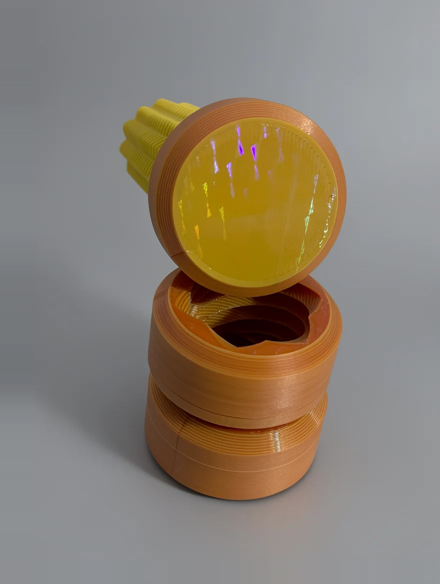 Two Way Screw: orange and yellow articulated mechanical component with two stacked sections