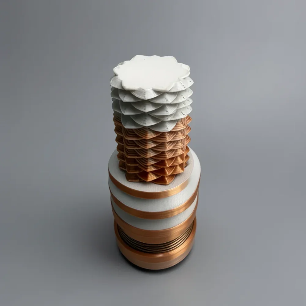 Two Way Screw: white and copper abstract 3D-printed geometric sculpture / decorative totem