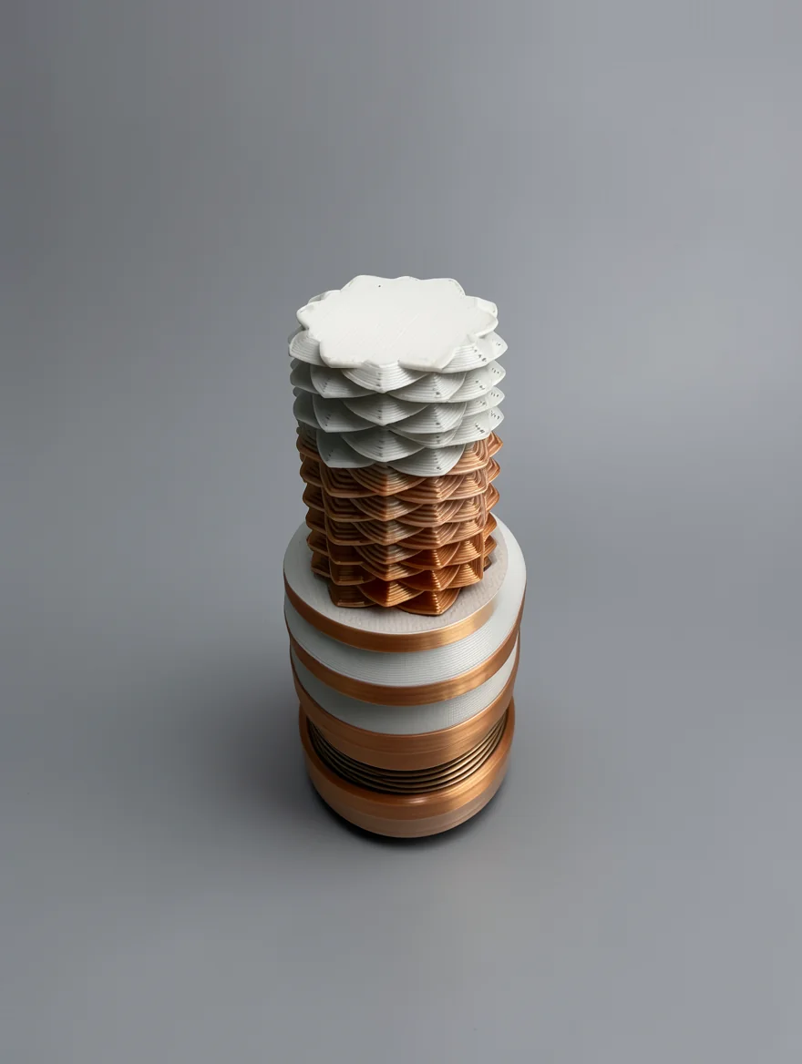 Two Way Screw: white and copper abstract 3D-printed geometric sculpture / decorative totem