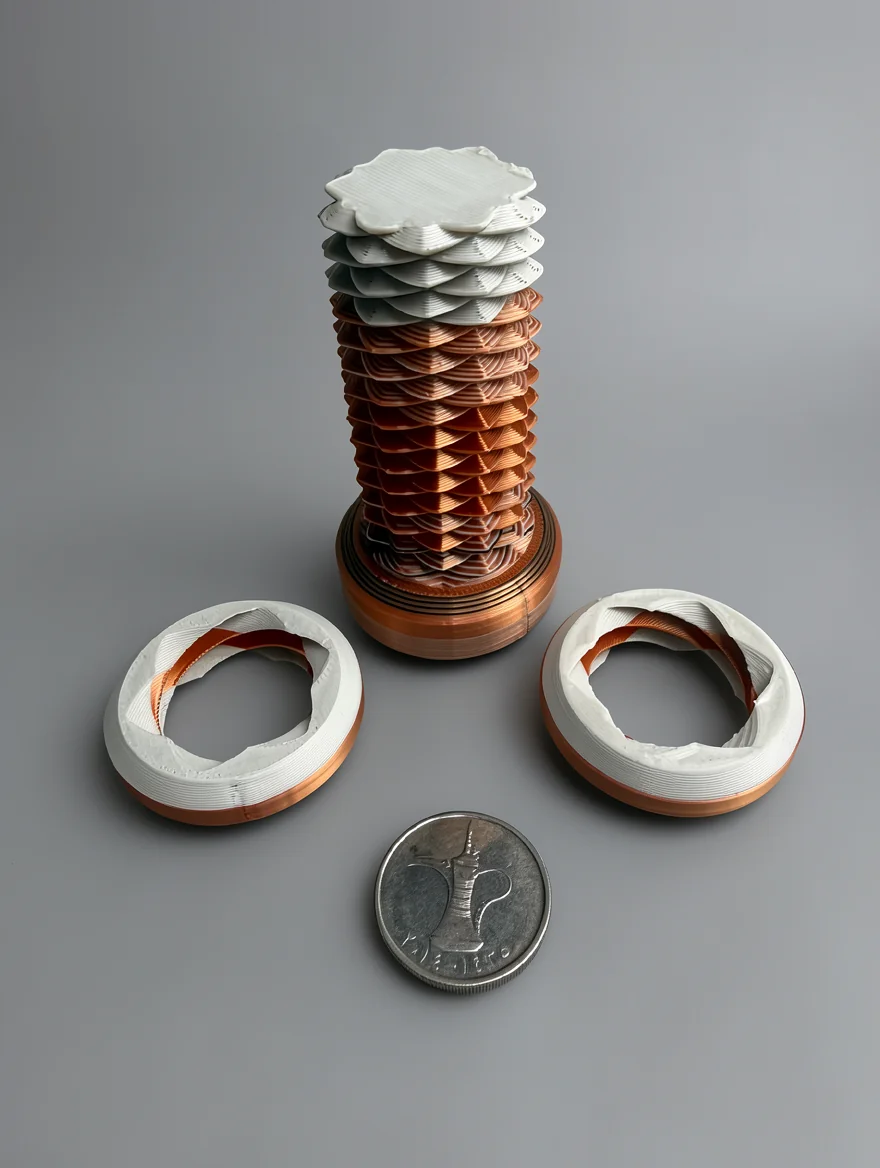 Two Way Screw: copper and bronze modular geometric sculpture with interlocking cylindrical tower and separate toroidal ring…