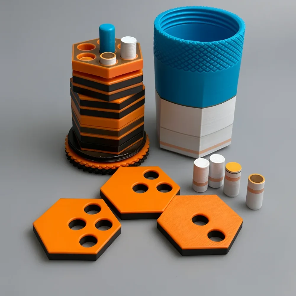 Hexa Dowel Puzzle: orange and black modular geometric components (hexagonal tower, cylinder, plates, and small inserts)