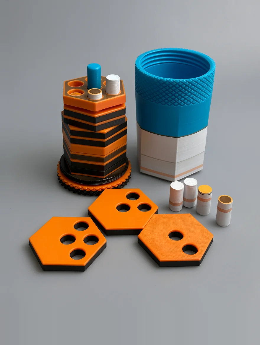 Hexa Dowel Puzzle: orange and black modular geometric components (hexagonal tower, cylinder, plates, and small inserts)