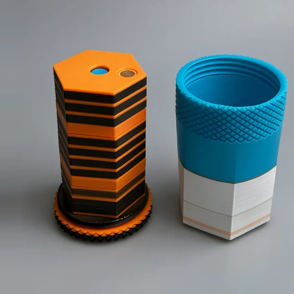 Hexa Dowel Puzzle: orange and black Two interlocking geometric components - a hexagonal tower piece and a hexagonal…