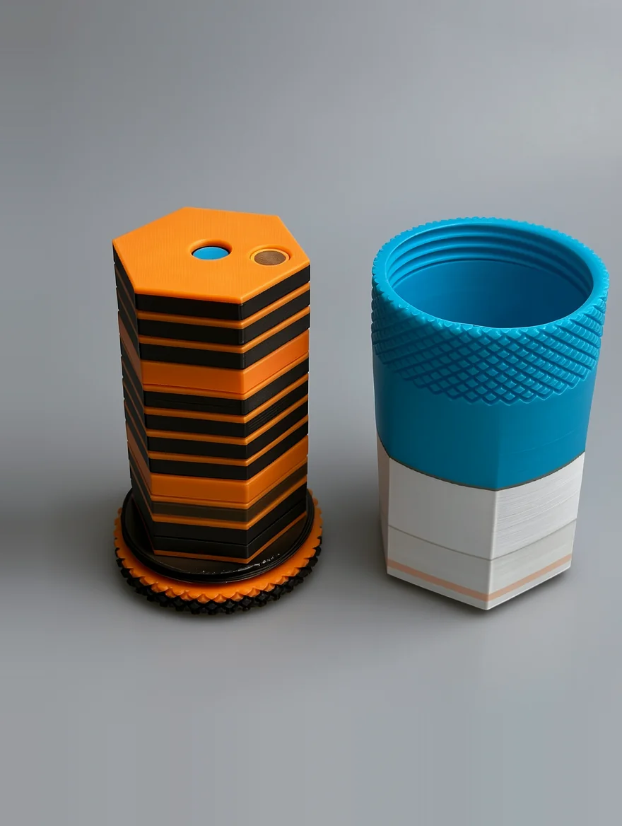 Hexa Dowel Puzzle: orange and black Two interlocking geometric components - a hexagonal tower piece and a hexagonal…