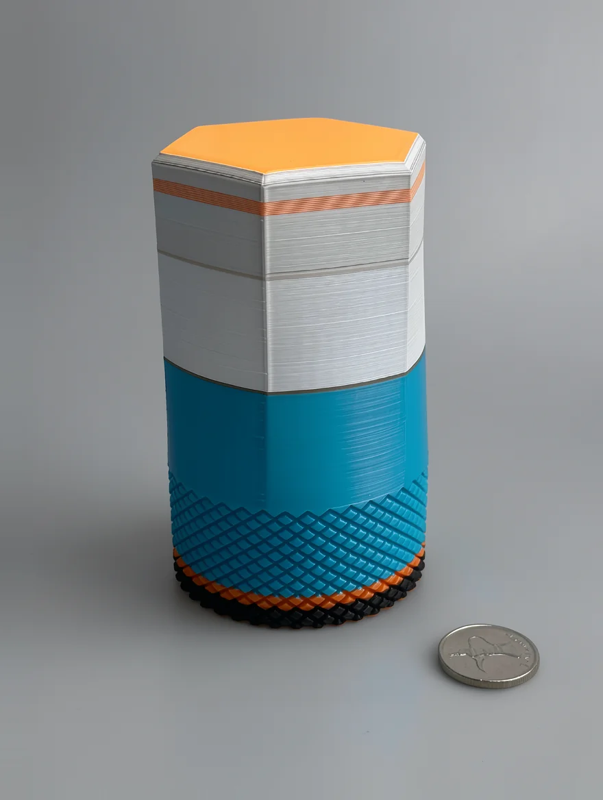 Hexa Dowel Puzzle: yellow-orange and white segmented decorative cylinder, polygonal top face