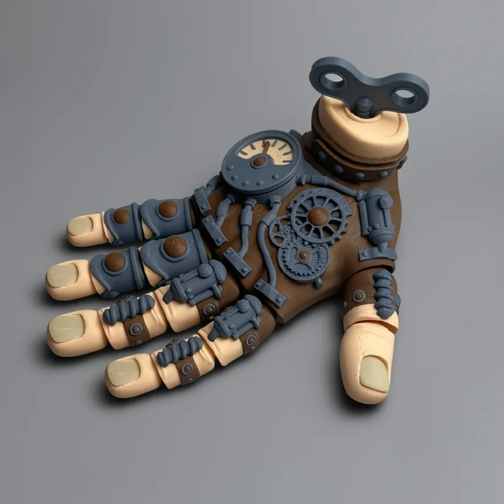 Steampunk Hand: slate blue grey and tan beige steampunk mechanical hand figurine, large figure-eight winding key at wrist