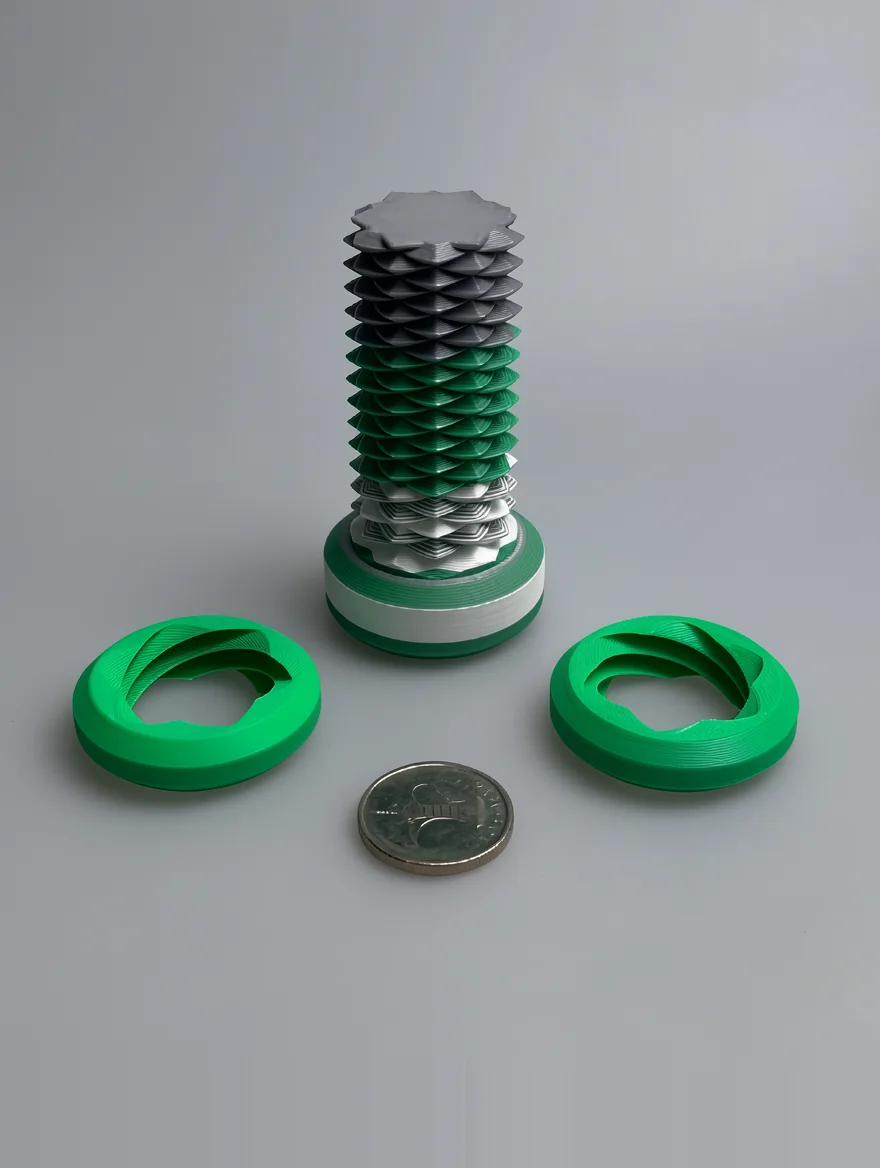 Two Way Screw: green and dark gray decorative mechanical sculpture with removable rings