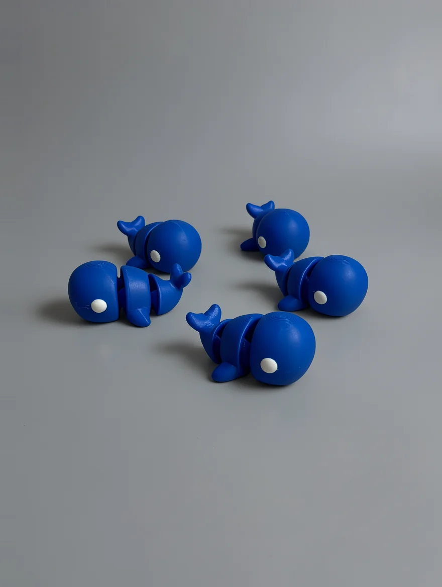 Baby Blue Whale: blue and white articulated whale figure, segmented body with visible seams/joints
