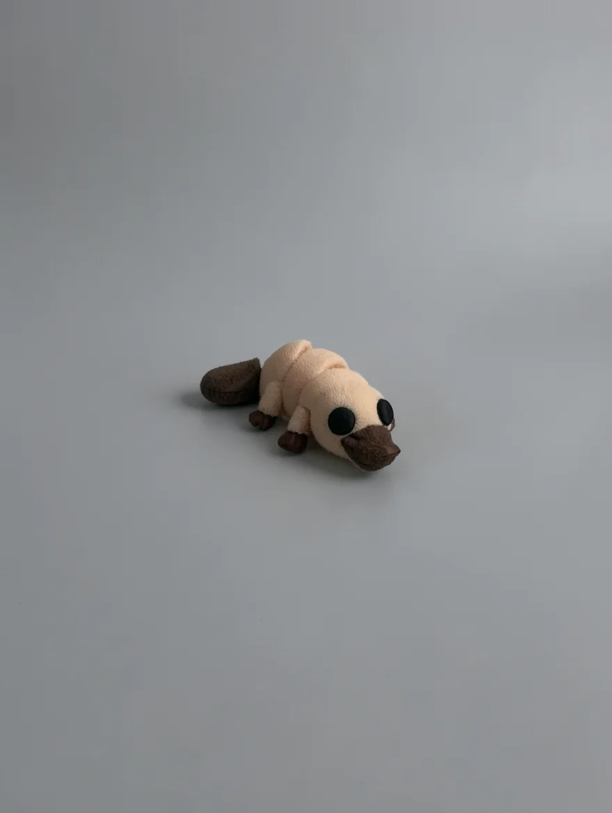Baby Platypus: pale beige and dark brown platypus figurine, flat paddle-shaped tail
