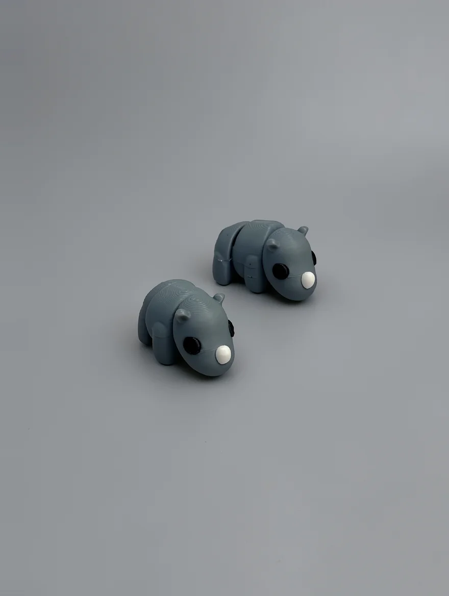 Baby Rhino: slate-grey and black pair of stylized rhinoceros figurines, large solid black circular eyes