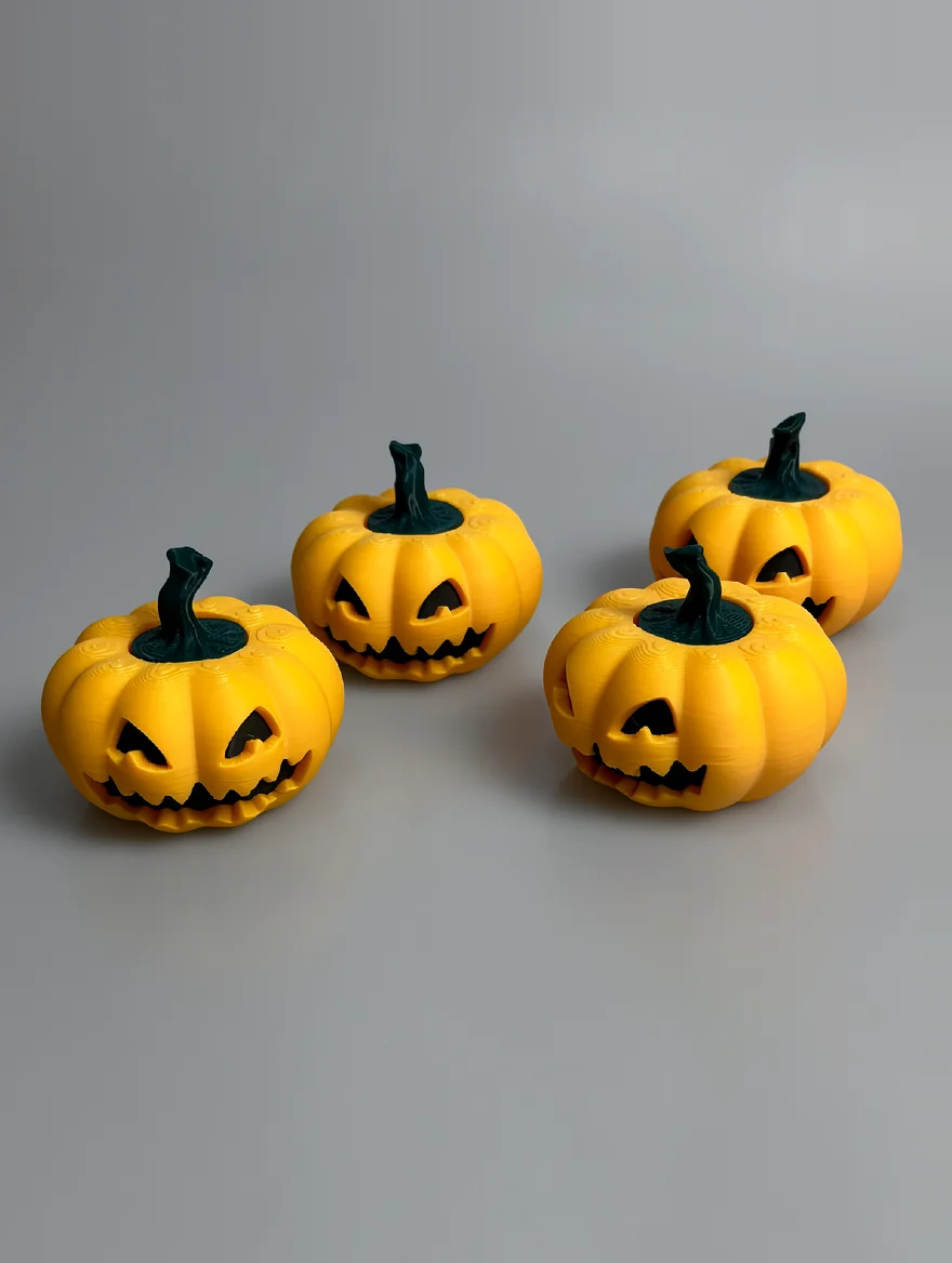 Pumpkin Spinner: yellow-orange and dark green pumpkin figurines (set of four), triangular carved eyes