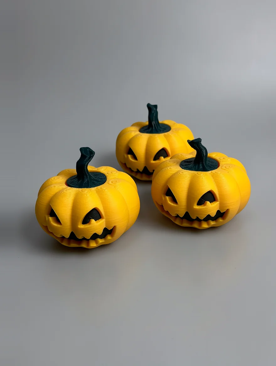 Pumpkin Spinner: yellow and black Three identical Jack-o'-lantern pumpkin figurines