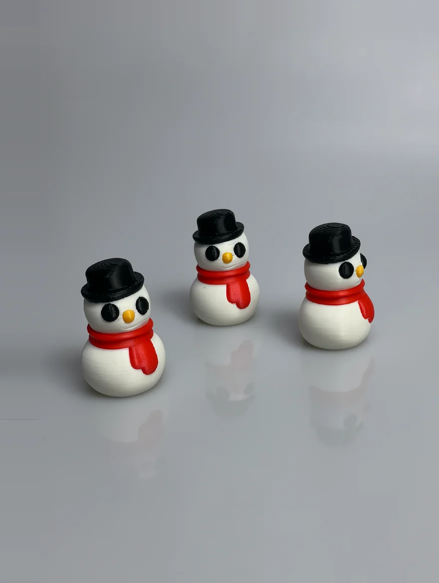 Snowman Sculpture: white and black snowman figurine, two-tiered spherical body (larger bottom sphere