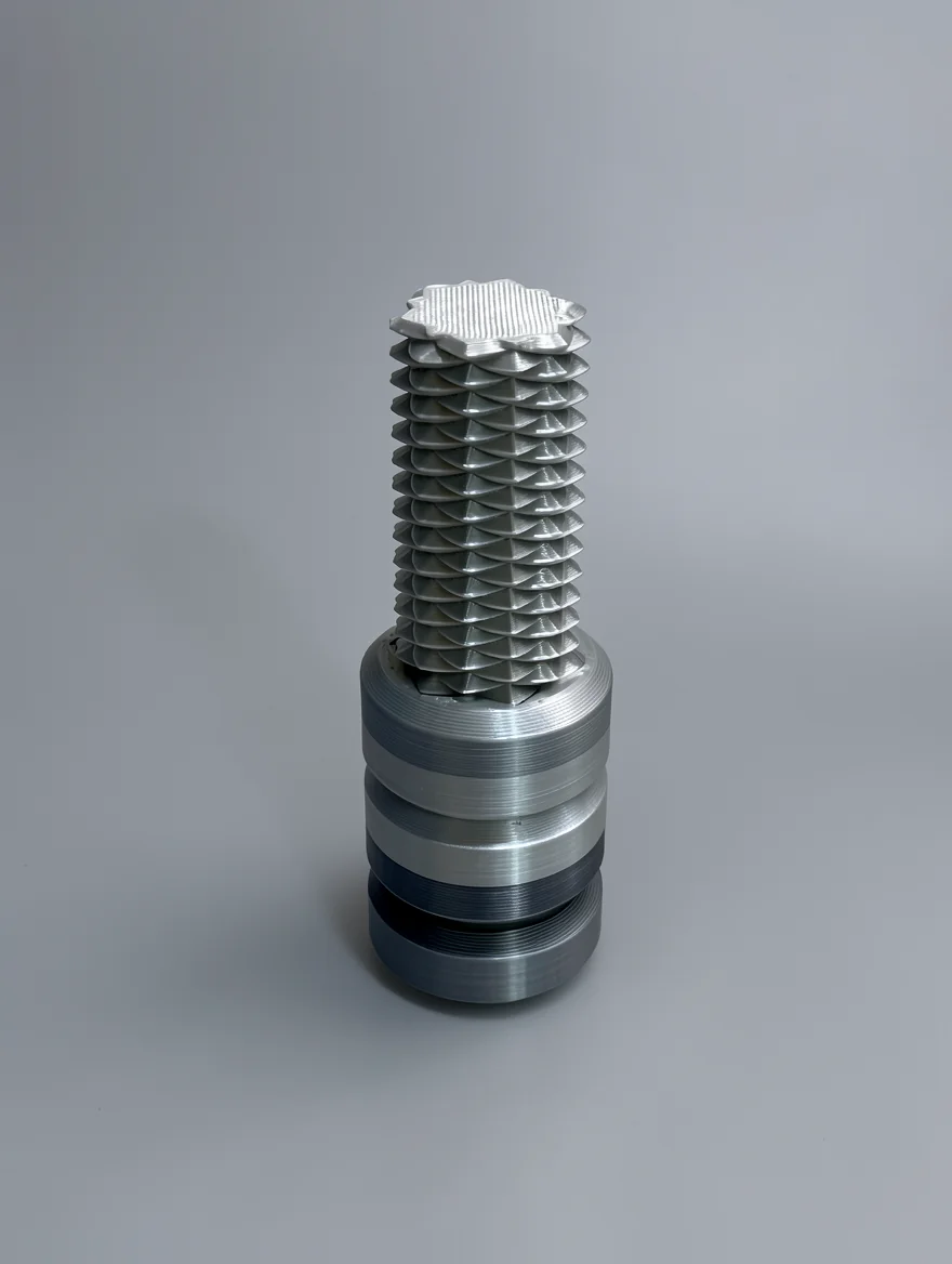 Two Way Screw: silver and grey mechanical component resembling a specialized screw or anchor bolt