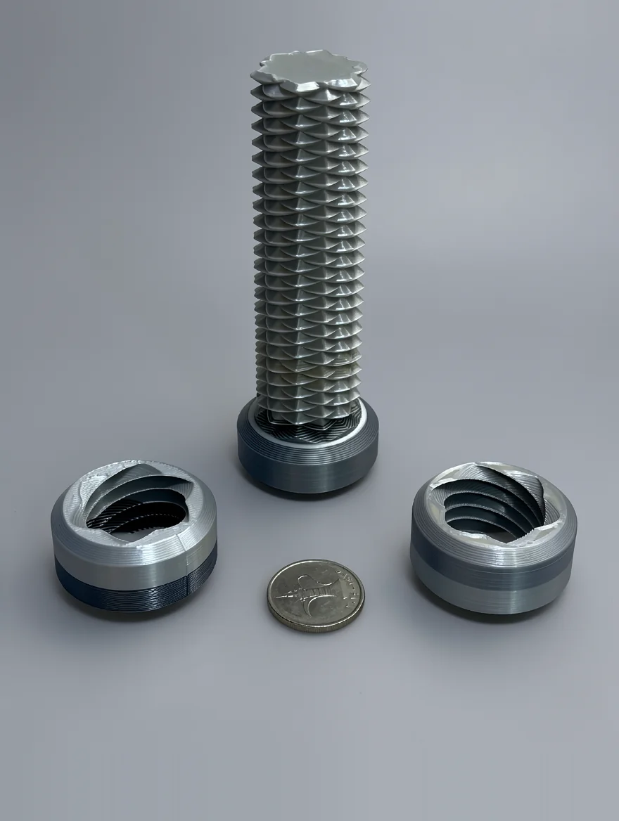 Two Way Screw: silver and dark bluish-black mechanical component set (bolt and two matching nuts)