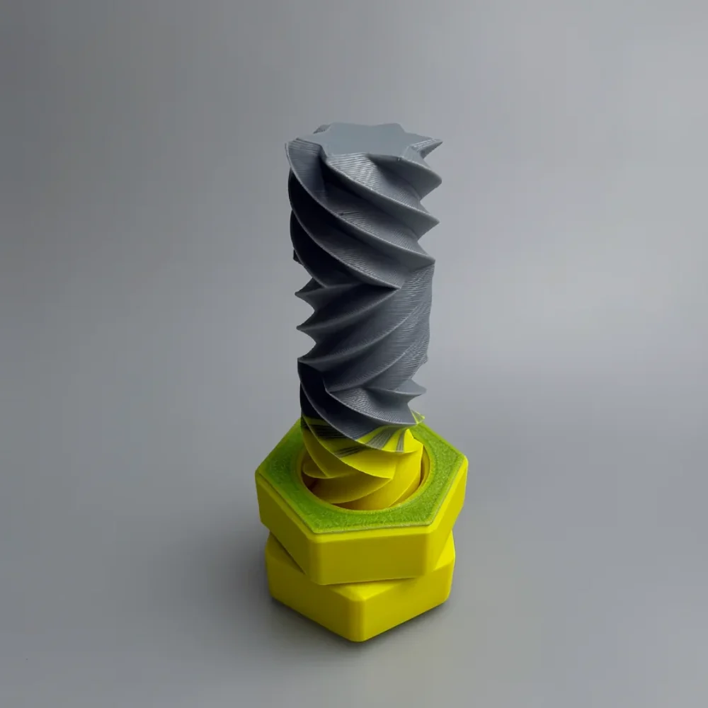 Zigzag Bolt Nut: grey and yellow screw and nut mechanical assembly, Torx (six-pointed star) screw head