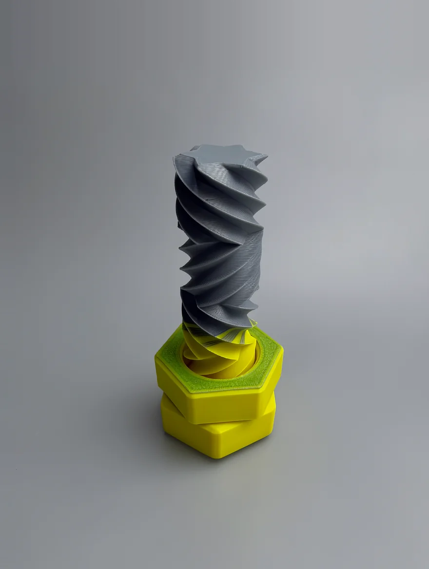 Zigzag Bolt Nut: grey and yellow screw and nut mechanical assembly, Torx (six-pointed star) screw head