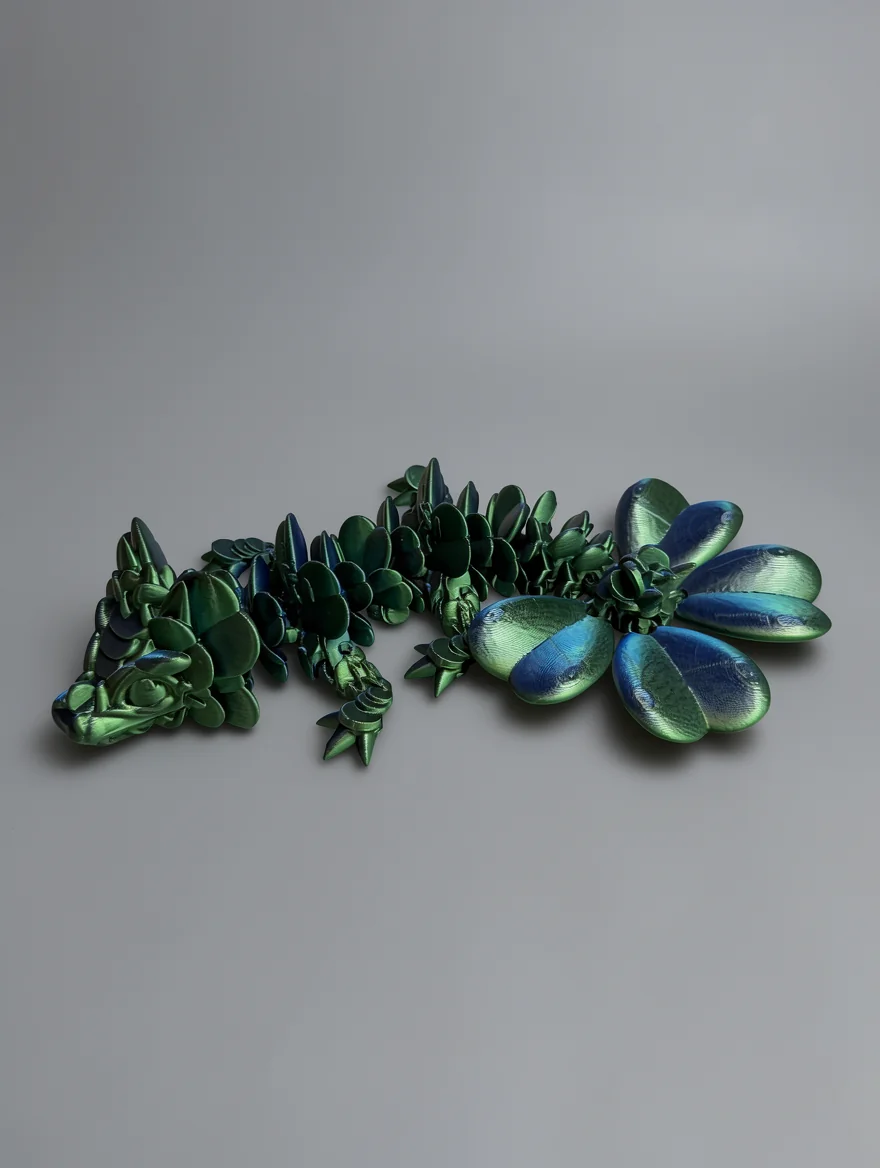 Baby Lucky Clover Dragon: emerald green and teal decorative botanical sculpture, dense thicket of small overlapping leaves