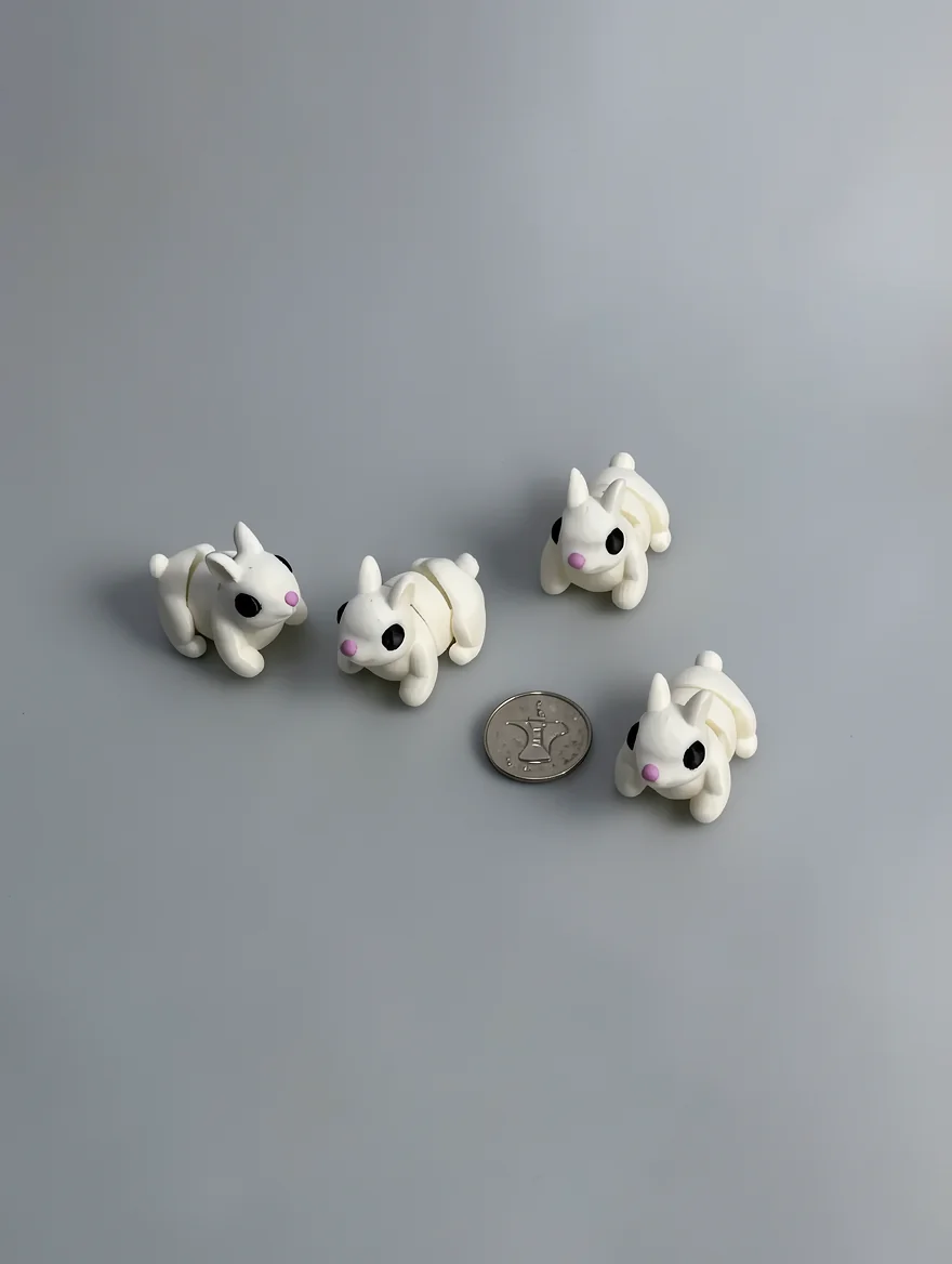 Baby Bunny: white and black (eyes) four identical rabbit figurines, large glossy black circular eyes