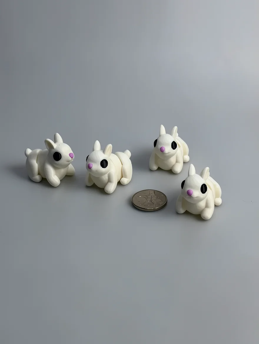 Baby Bunny: white and black four rabbit figurines, large glossy black oval eyes