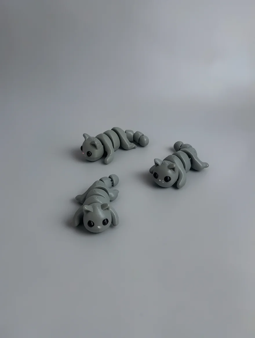 Baby Cat: light grey and black three identical articulated cat figurines, articulated segmented body