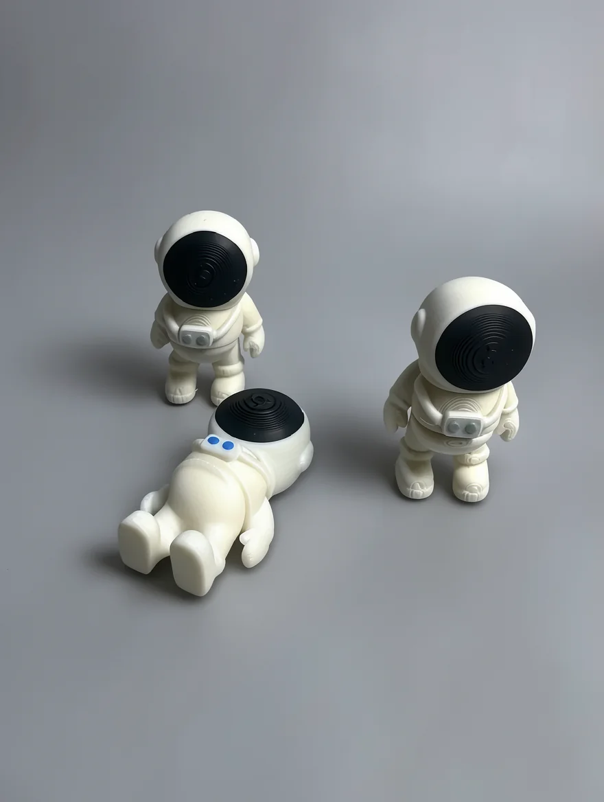 Tiny Astronaut: off-white and black three astronaut/spaceman figurines, large spherical helmet with black visor