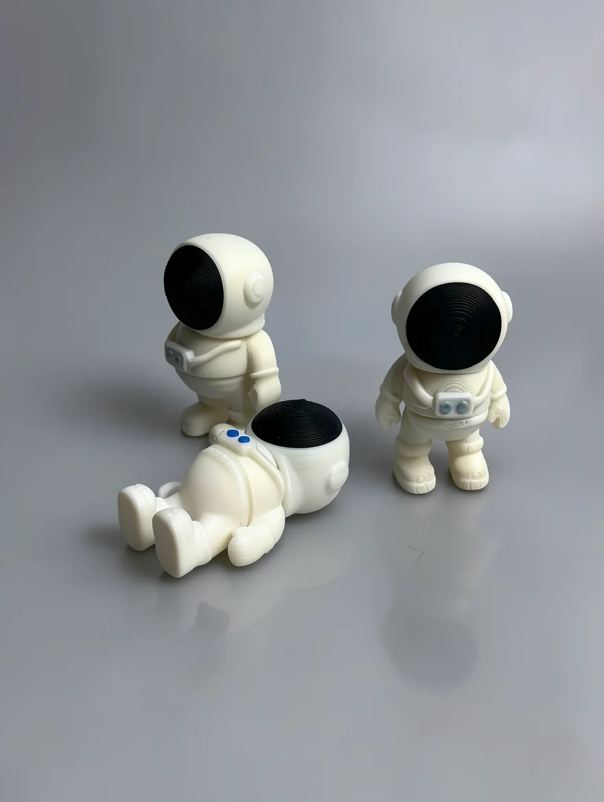 Tiny Astronaut: off-white and cream three small astronaut/spaceman figurines, black visors with concentric circle pattern