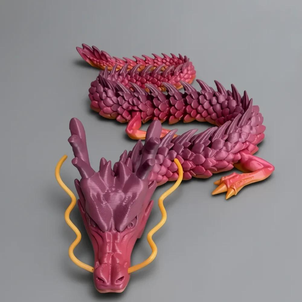 Chinese Dragon: magenta and purple dragon figurine, cluster of thick blunt horns curving backward from head
