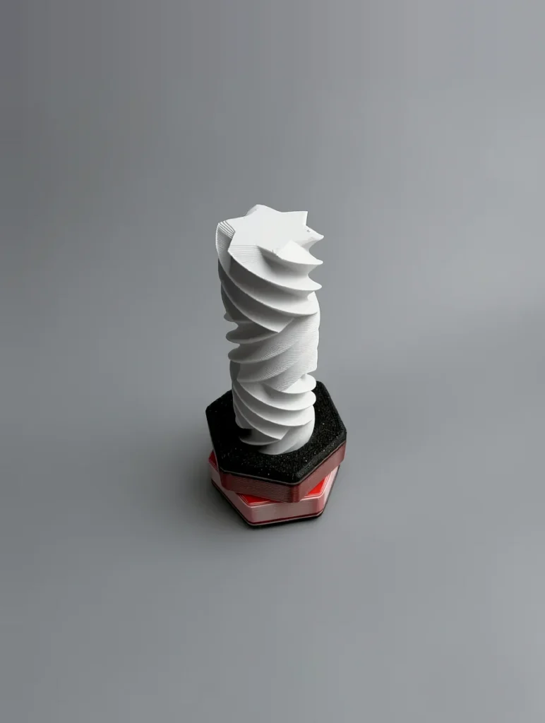 Zigzag Bolt & Nut: white and black geometric spiral column sculpture, continuous helical spiral column