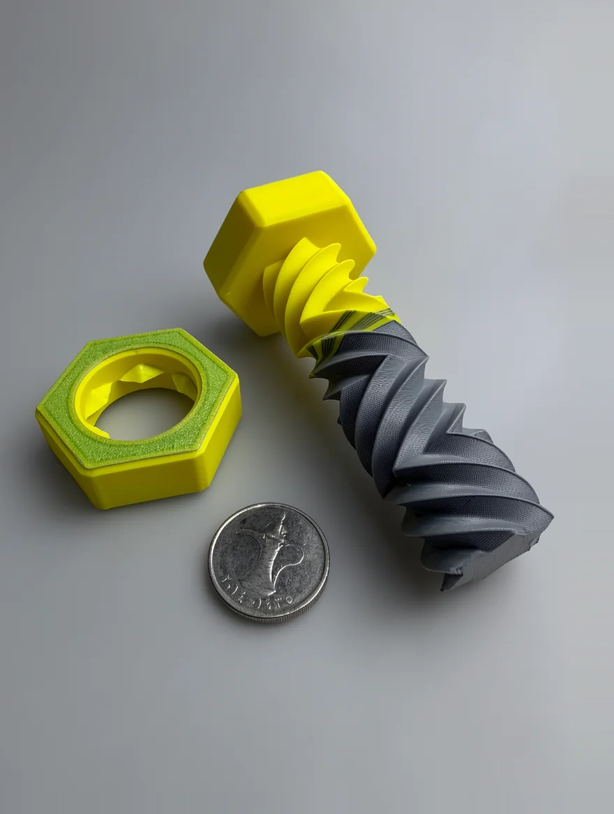 Zigzag Bolt Nut: yellow and dark grey interlocking bolt and nut set (3D-printed collectible), hexagonal bolt head