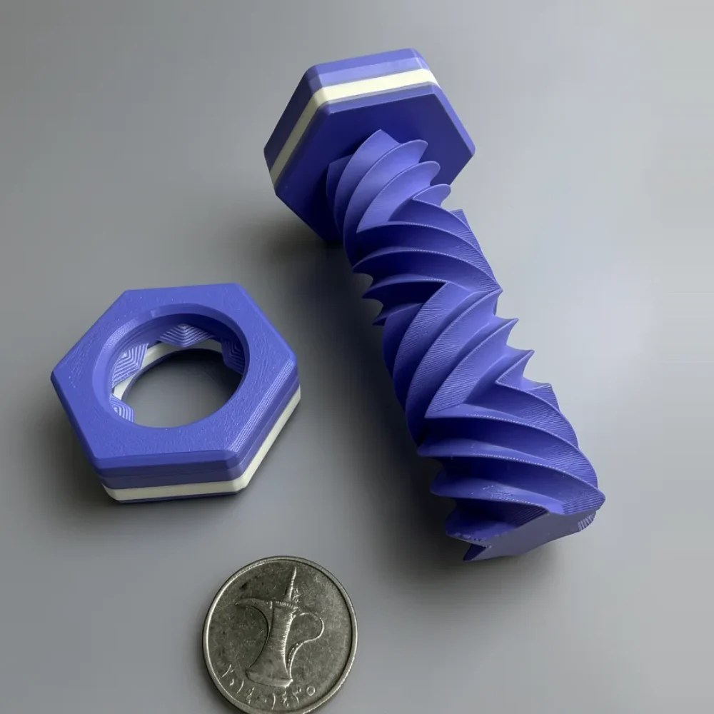 Zigzag Bolt Nut: periwinkle blue and white 3D-printed bolt and nut set