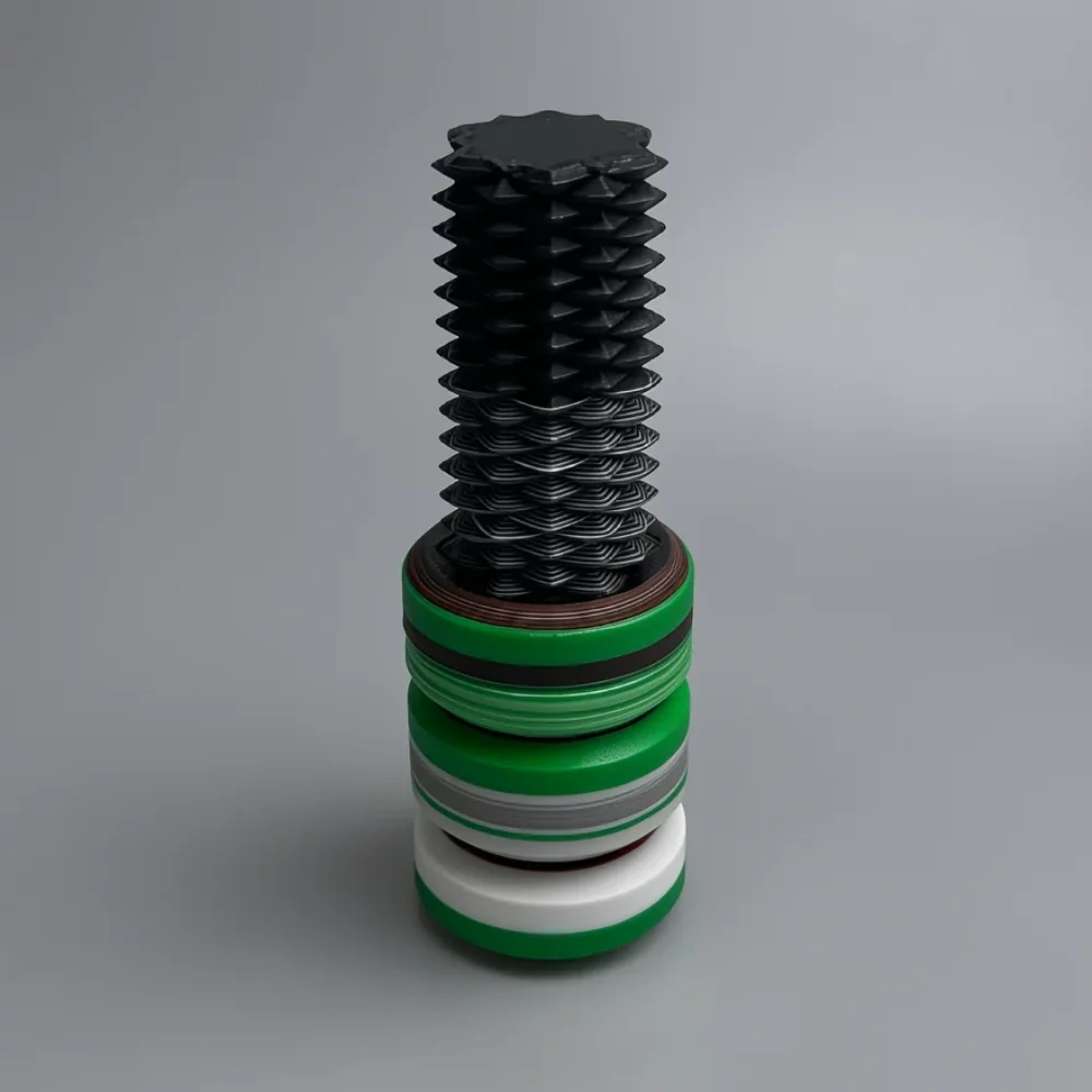 Two Way Screw: black and green segmented cylindrical mechanical component