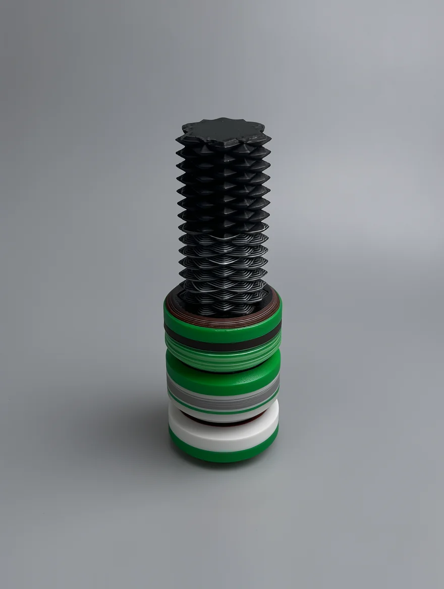 Two Way Screw: black and green segmented cylindrical mechanical component