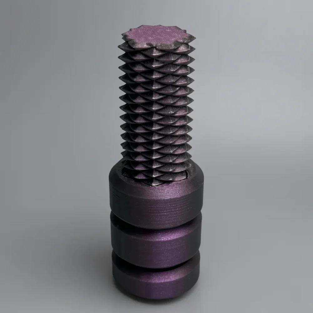 Two Way Screw: deep purple and violet geometric sculpture with spiral lattice shaft