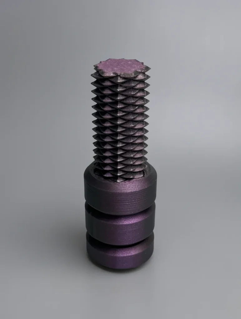Two Way Screw: deep purple and violet geometric sculpture with spiral lattice shaft