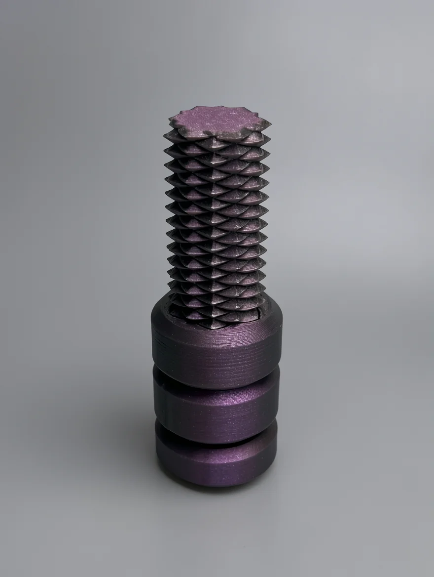 Two Way Screw: deep purple and violet geometric sculpture with spiral lattice shaft