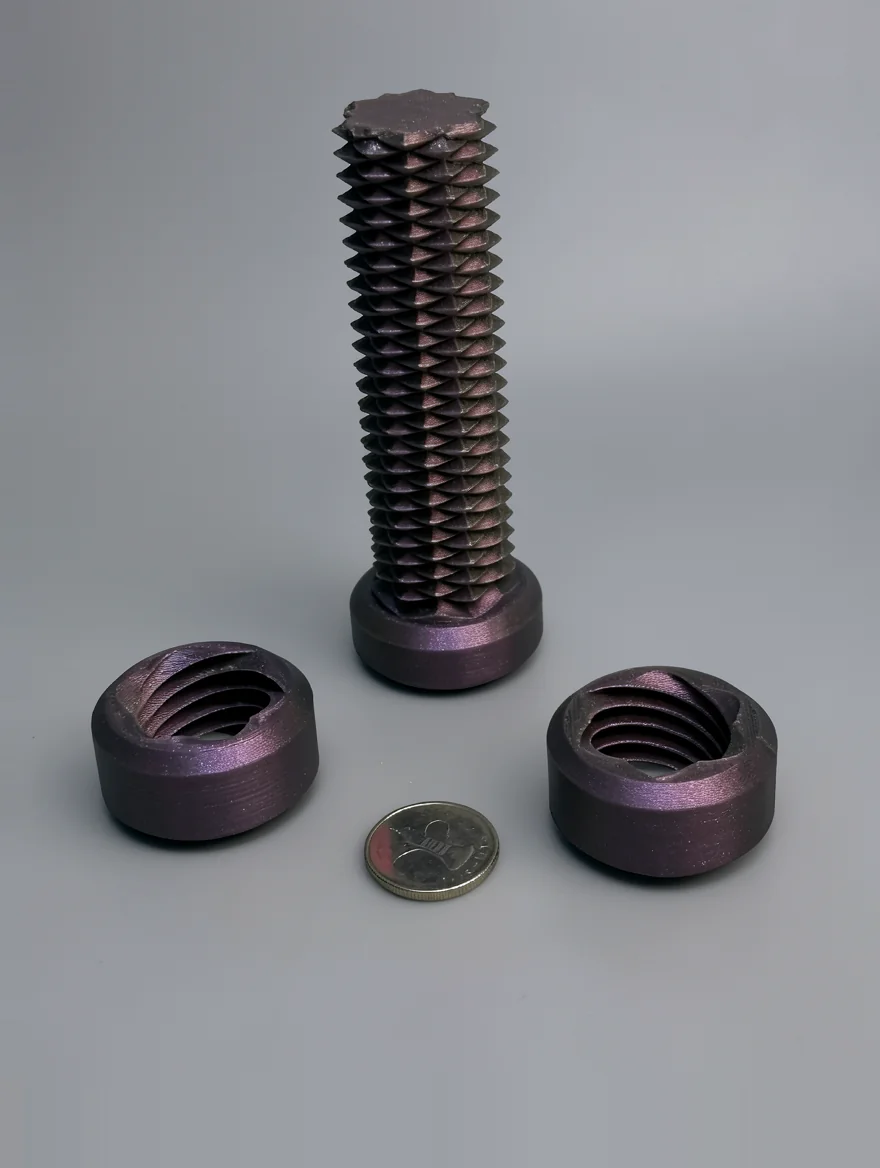 Two Way Screw: purple and blue bolt and nut set (mechanical hardware collectible), hexagonal bolt head