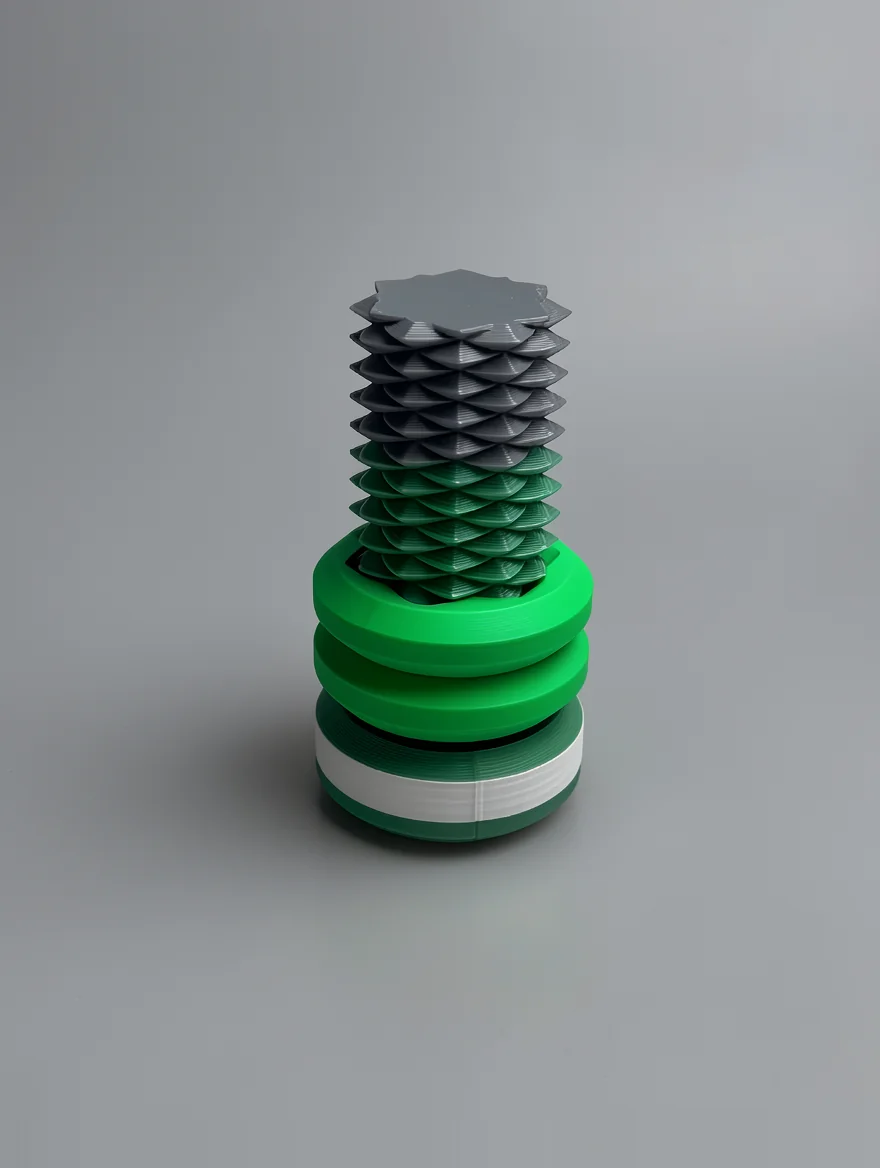 Two Way Screw: dark grey and green spiral mechanical sculpture, star-shaped top surface
