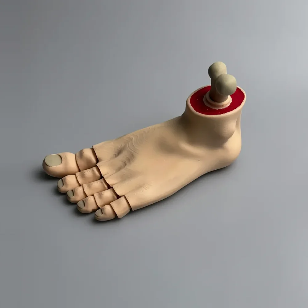 Foot (Left): pale beige and red severed anatomical foot model, five distinct toes with visible creases at joints