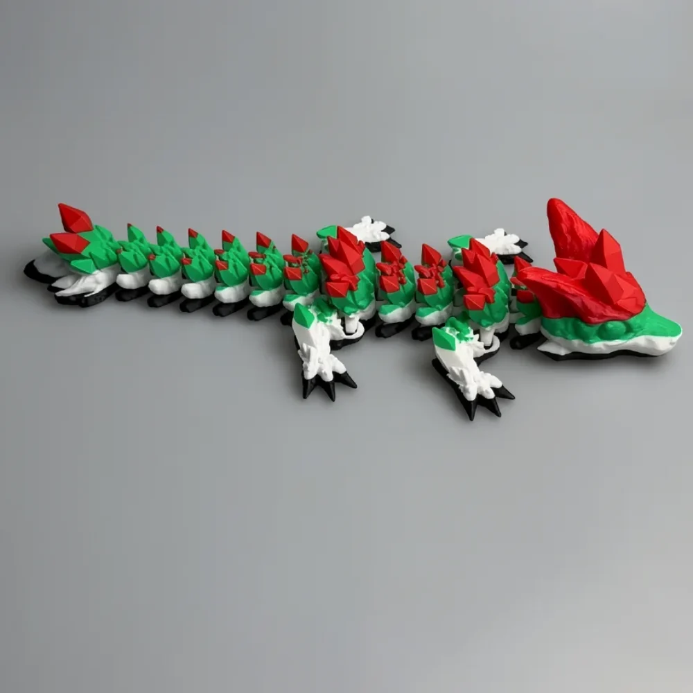 Baby Crystal Wolf Dragon: green and red low-poly dragon figurine, low-poly geometric construction with sharp angular facets