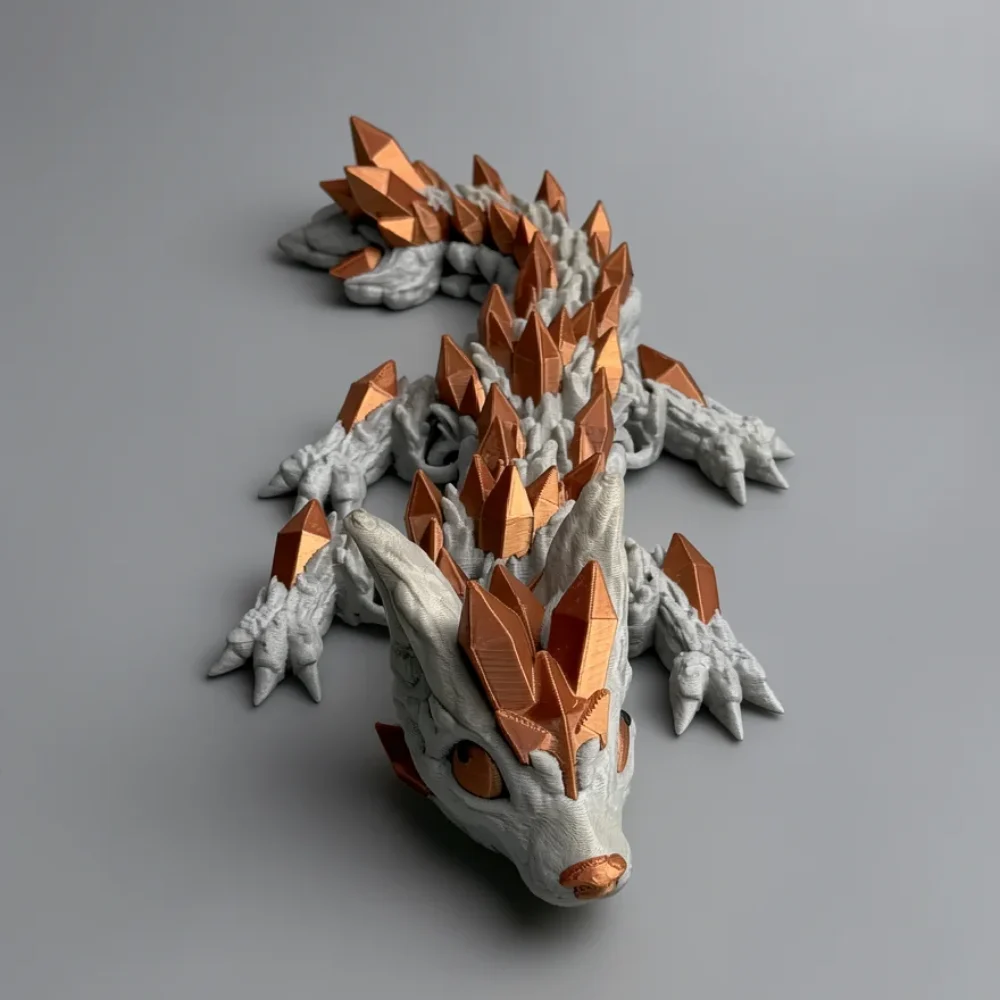Baby Crystal Wolf Dragon: grey and copper dragon figurine, pyramid-shaped copper crystal spikes running down the spine