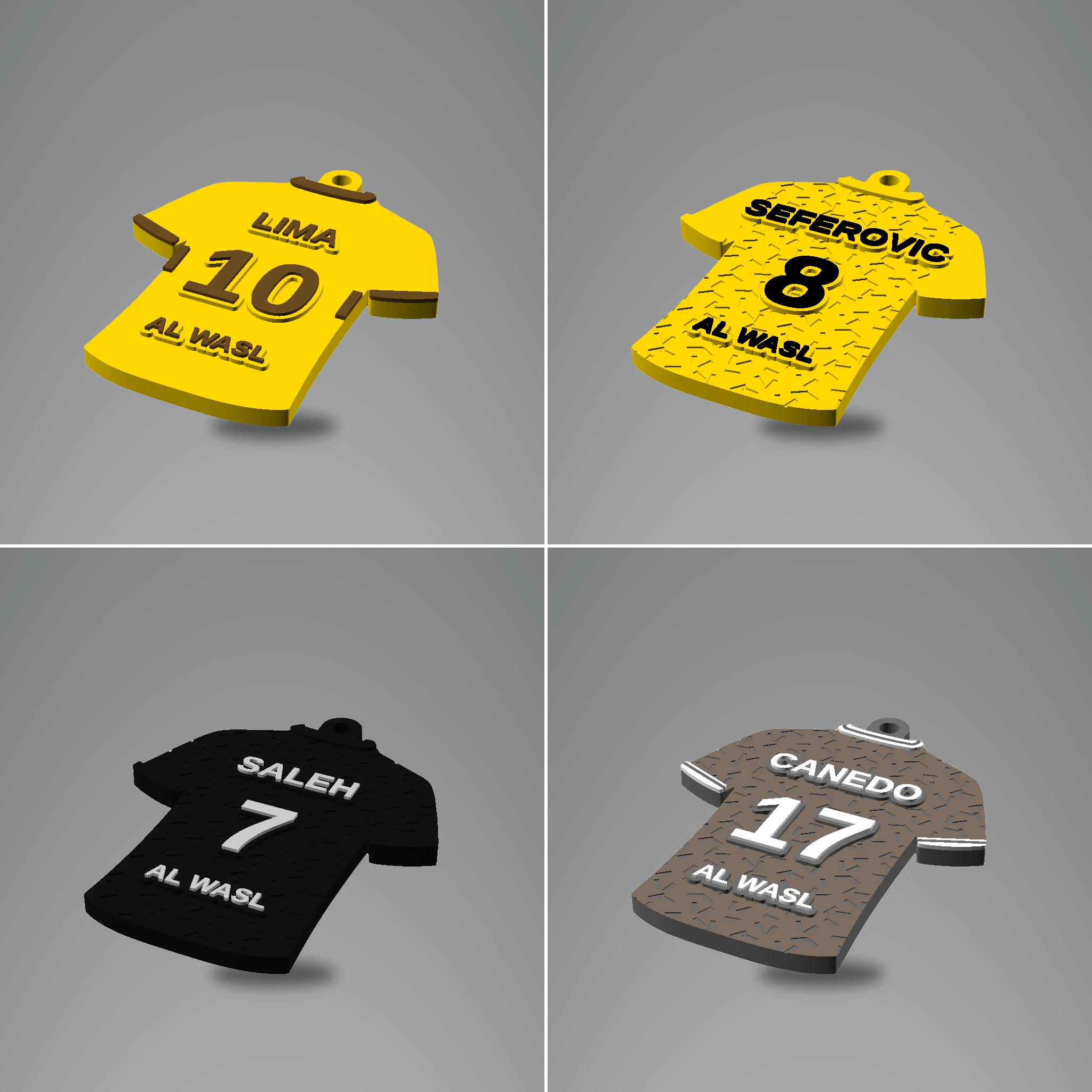 Jersey Keychain: yellow and black soccer jersey-shaped keychain pendant, raised embossed player name at collar
