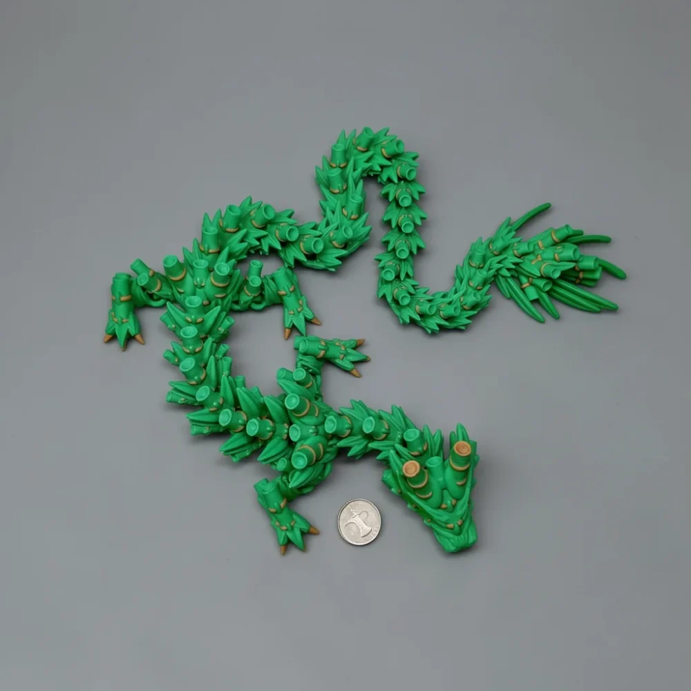 Bamboo Dragon: green and tan segmented dragon figurine, bamboo-like segmented body construction