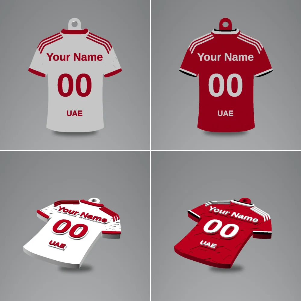Jersey Keychain: white and red jersey-shaped keychain or tag, three stripes on each shoulder
